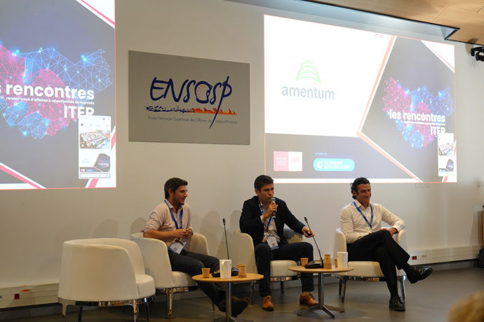 Présentation des opportunités de sous-traitance de 3 primo-contractants ITER : Jérôme Papini pour Framatome, Hadrien Monet pour Amentum & Simon Roche pour Westinghouse